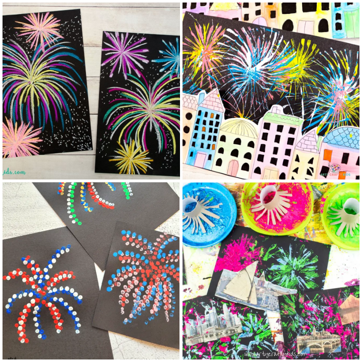 Featuring completed chalk pastel fireworks art, scrap paper printed fireworks, q-tip painted fireworks and paper roll printed fireworks projects. 
