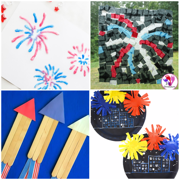 Featuring completed salt painted 4th July painting, fireworks sun catcher, craft stick fireworks and paper plate fireworks crafts. 