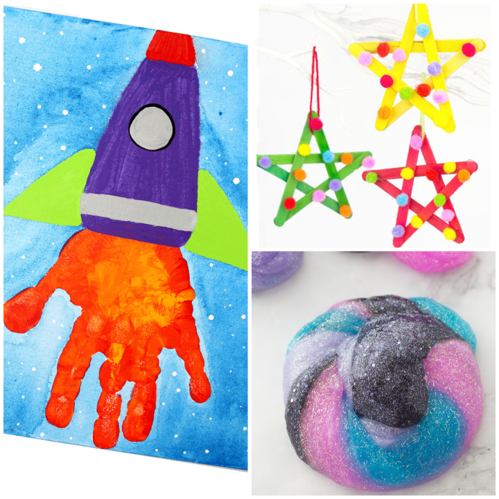 10 Space Crafts for Kids: Featuring a handprint Rocketship, popsicle stick stars and galaxy slime. 