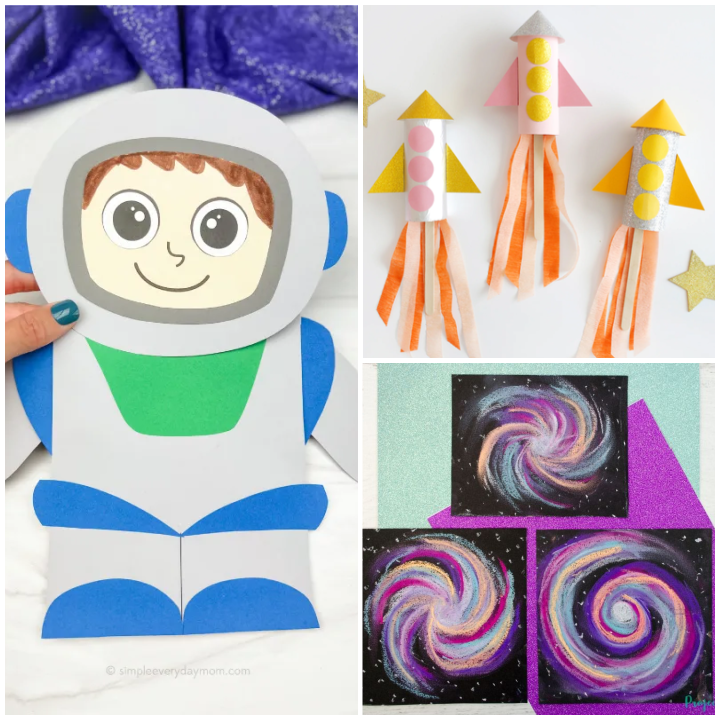 10 Space Crafts for Kids featuring an astronaut paper bag puppet, paper roll rocket ships and galaxy chalk pastel art. 