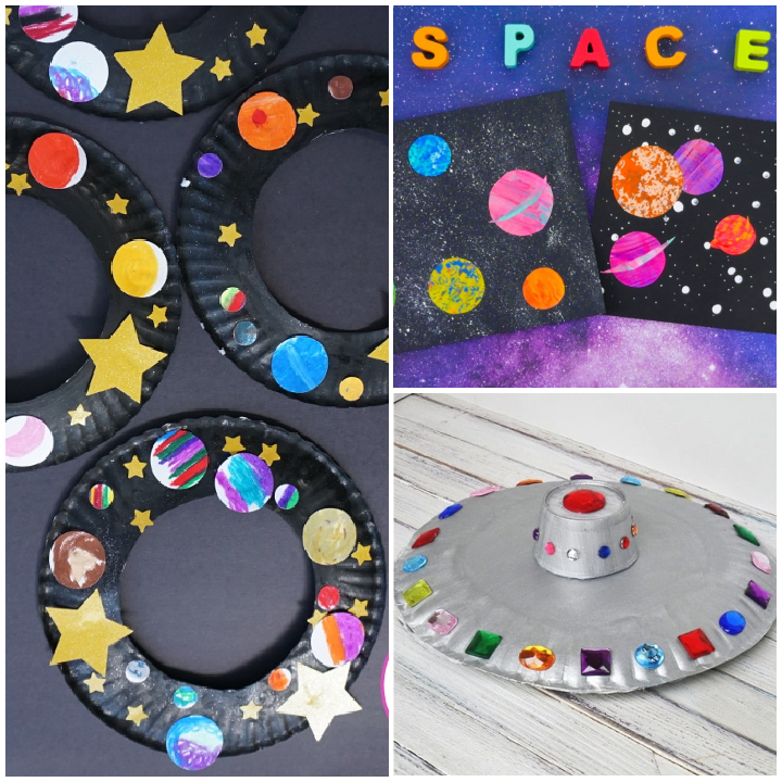 10 space crafts for kids featuring a solar system paper plate craft, solar system planet art and a paper plate flying saucer. 