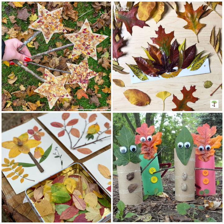 Featured fall crafts from: Fall-tastic Fun: 20+ Easy Autumn Crafts for Preschoolers - nature wands, nature crown, leaf art and paper roll leaf characters. 
