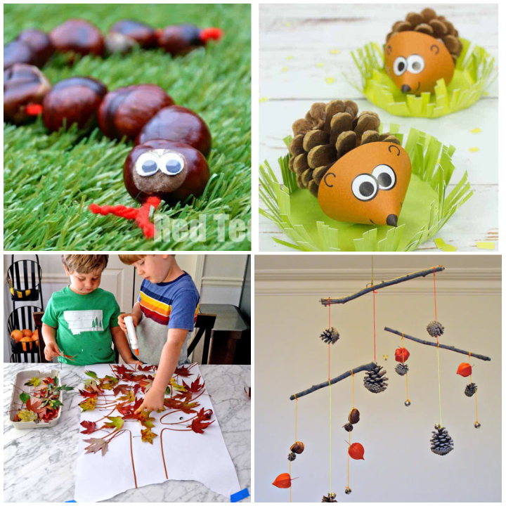 Featured fall crafts from: Fall-tastic Fun: 20+ Easy Autumn Crafts for Preschoolers - chestnut snake, hedgehog pinecone, leaf fall tree art and a nature mobile. 