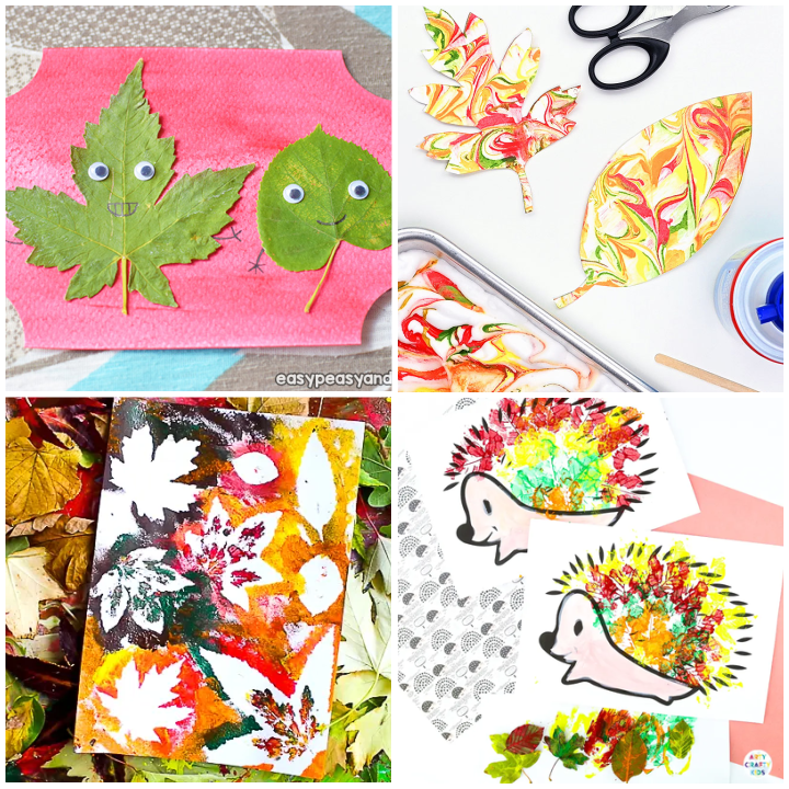 Featured fall crafts from: Fall-tastic Fun: 20+ Easy Autumn Crafts for Preschoolers - simple leaf art, marble leaf painting, autumn leaf art and leaf printed hedgehog. 