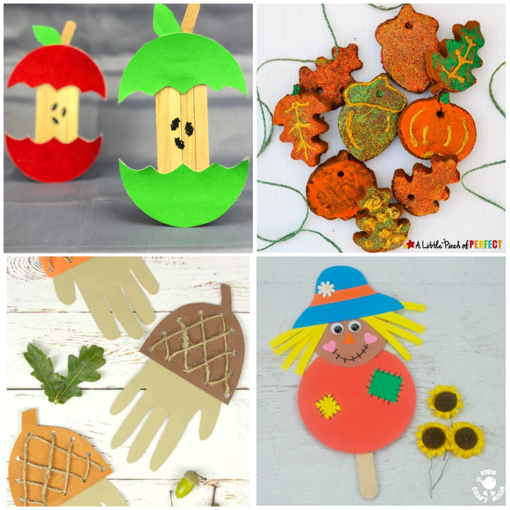 Featured fall crafts from: Fall-tastic Fun: 20+ Easy Autumn Crafts for Preschoolers - apple core popsicle stick craft, salt dough ornaments, acorn handprint lacing craft and a scarecrow puppet. 