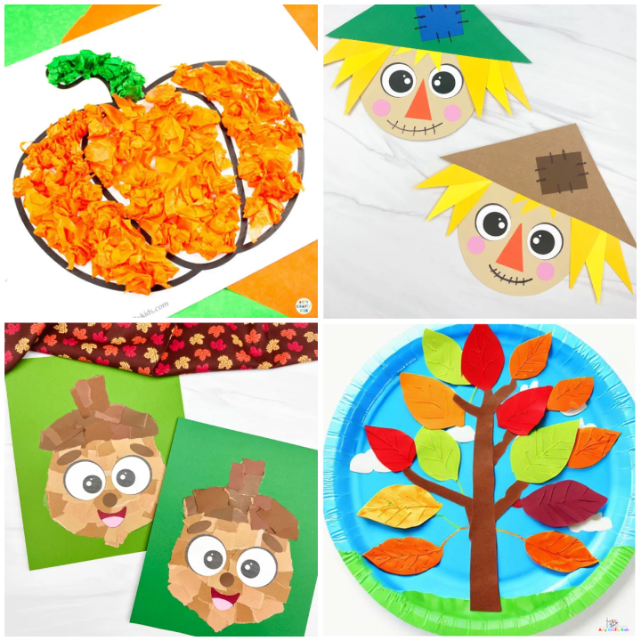 Featured fall crafts from: Fall-tastic Fun: 20+ Easy Autumn Crafts for Preschoolers - including a tissue paper pumpkin, paper plate scarecrow, acorn art, paper plate autumn tree. 