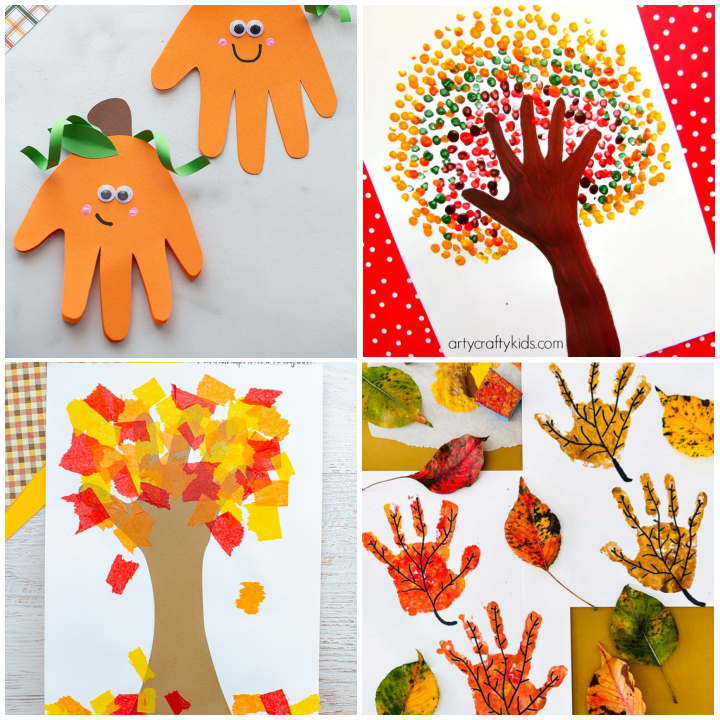 Featured fall crafts from: Fall-tastic Fun: 20+ Easy Autumn Crafts for Preschoolers - includes a Handprint pumpkin, Autumn handprint tree, tissue paper autumn tree and handprint leaves.  